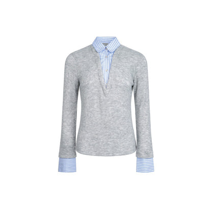 Women's Layered Look Sweater with Integrated Shirt Collar and Cuffs EVA-US