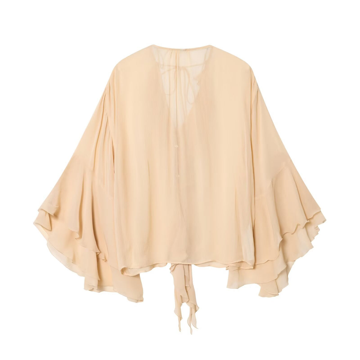 Women's Flowing Chiffon Ruffle Tunic with Flounce Sleeves and Tie Band