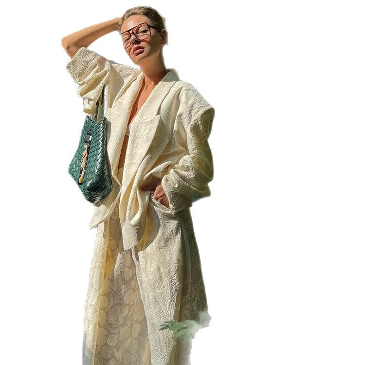 Women's Two-Piece Jacquard Pants Set with Oversize Boxy Blazer and High-Cut Palazzo Pants EVA-US