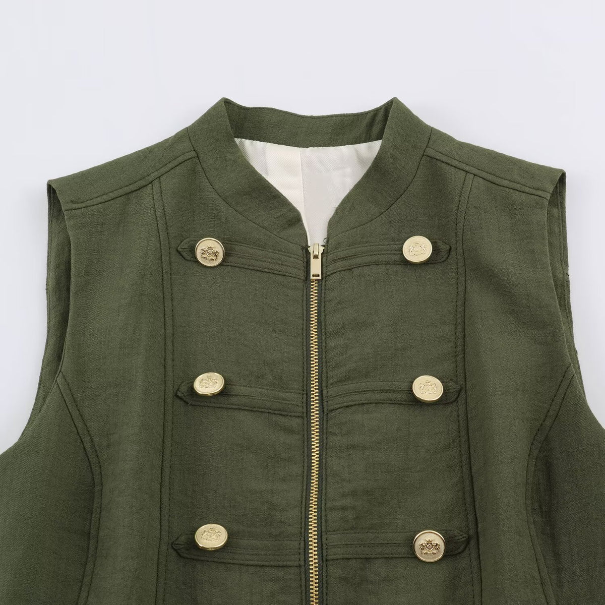 Women's Military-Inspired Tailored Vest with Stand-Up Collar and Decorative Button Placket EVA-US