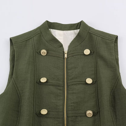 Women's Military-Inspired Tailored Vest with Stand-Up Collar and Decorative Button Placket EVA-US