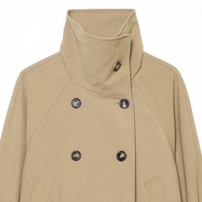 Women Cropped Trench Coat with High Funnel Collar, Raglan Sleeves and Drawstring Waistband EVA-US