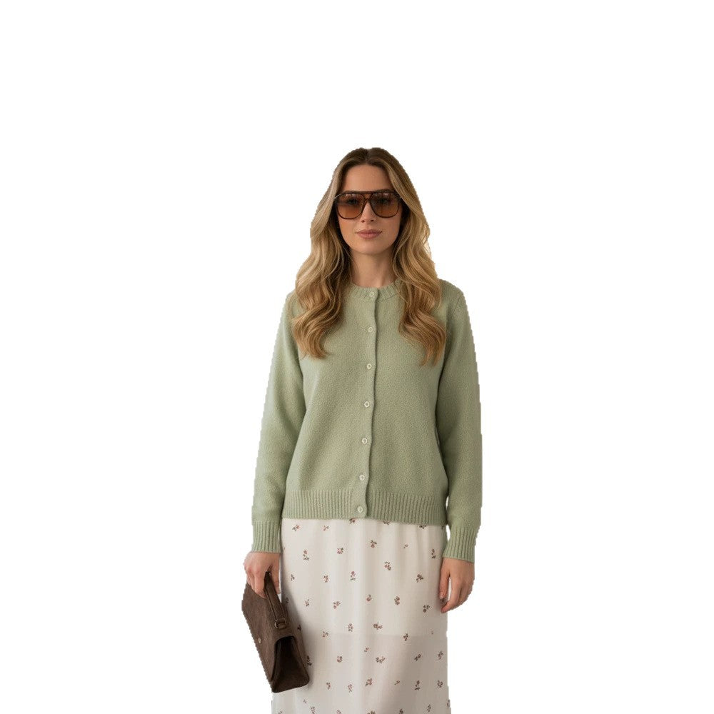 Women's fine knit cardigan with round neck, continuous button placket & ribbed cuffs EVA-US