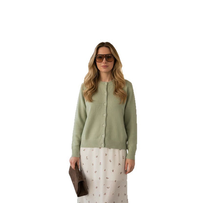 Women's fine knit cardigan with round neck, continuous button placket & ribbed cuffs EVA-US
