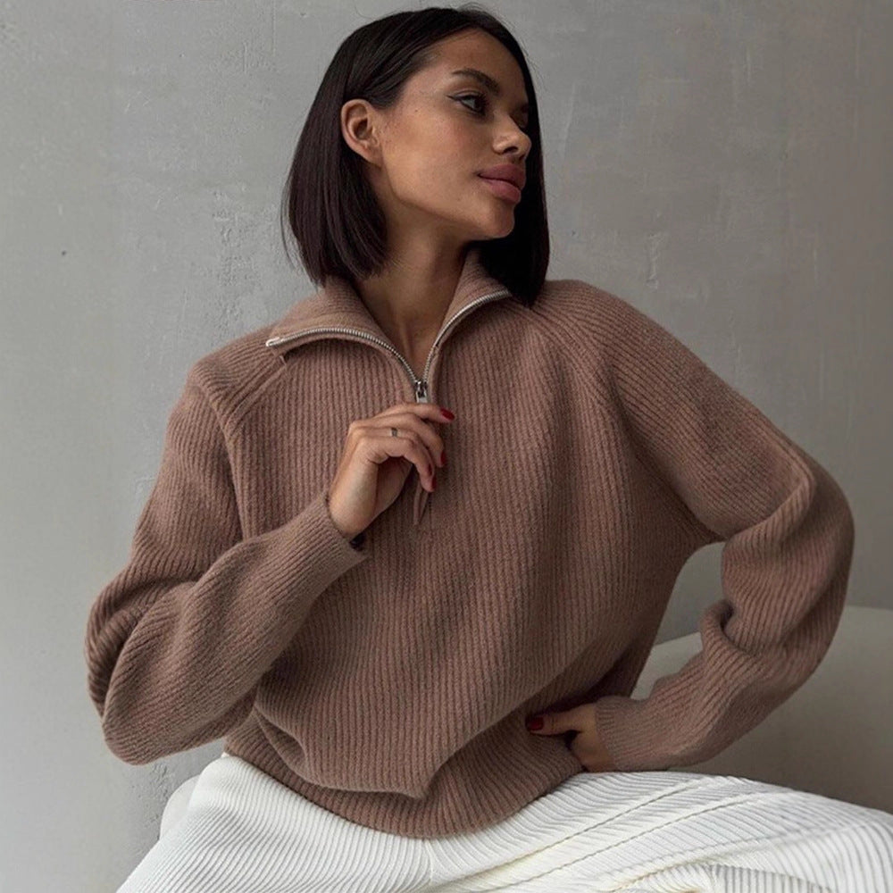 Women Ribbed Wool Blend Sweater with Half Zipper and Wide Stand Collar EVA-US