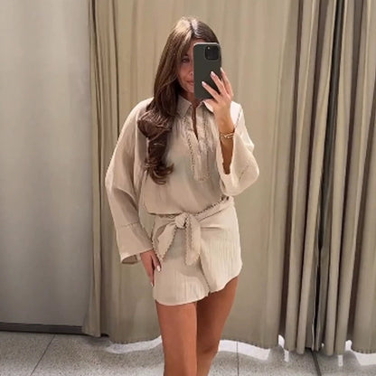 Ladies Lightweight Crinkle Two-Piece with Oversized Shirt and Wrap Mini Skirt EVA-US