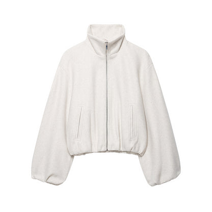 Women's Cropped Wool Blend Blouson Jacket with High Funnel Neck, Zipper and Gathered Hem