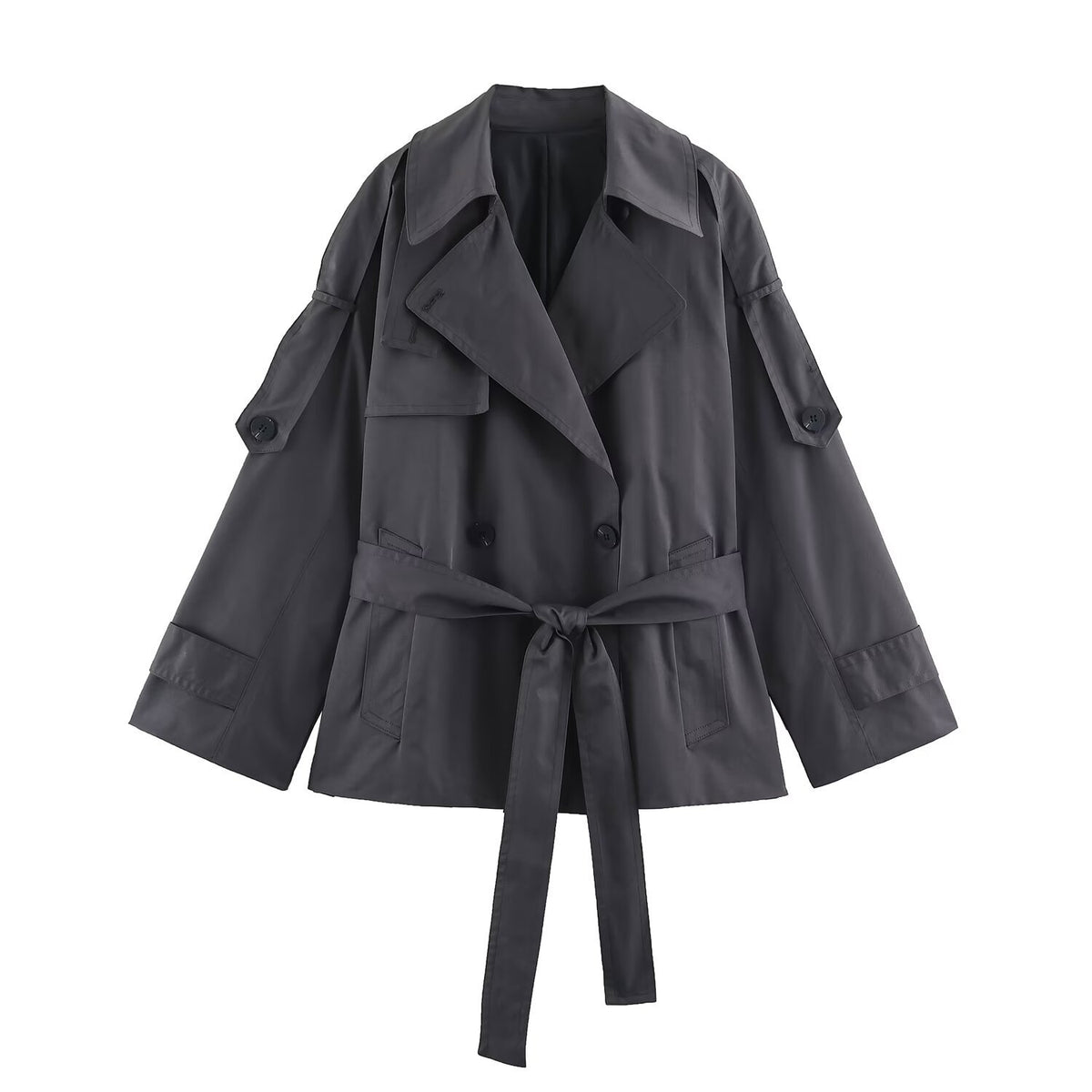Women's short lightweight trench coat with tie belt, dropped shoulders and double button placket EVA-US