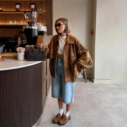 Women's Oversized Suede Bomber Jacket with Elastic Hem EVA-US
