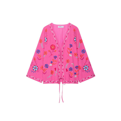 Women's Oversize Light Cotton Cardigan with Colorful Floral Embroidery EVA-US