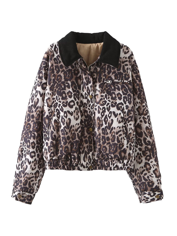 Women's Short Quilted Blouson Jacket in Leopard Pattern with Cord Collar EVA-US
