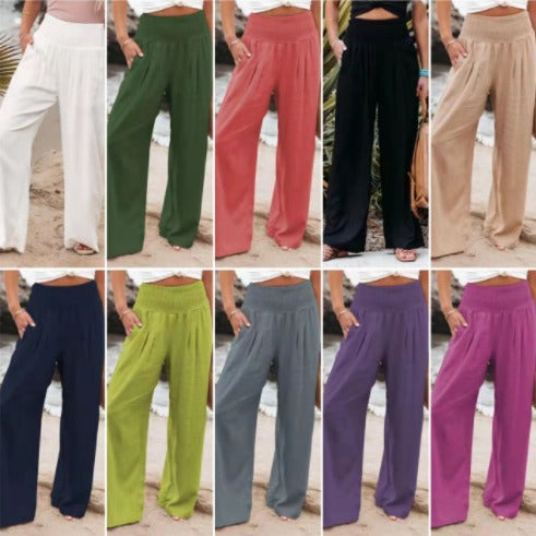 Airy women's trousers with elastic waistband and wide-cut legs – EVA-US