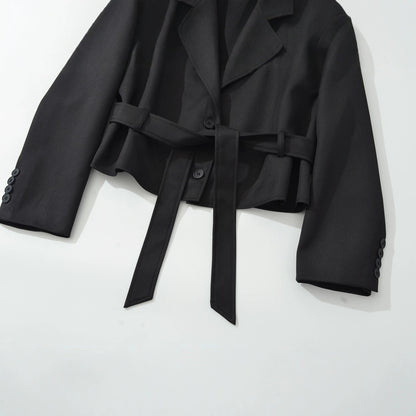 Women's Short Blazer with Waist Belt and Lapel Collar EVA-US