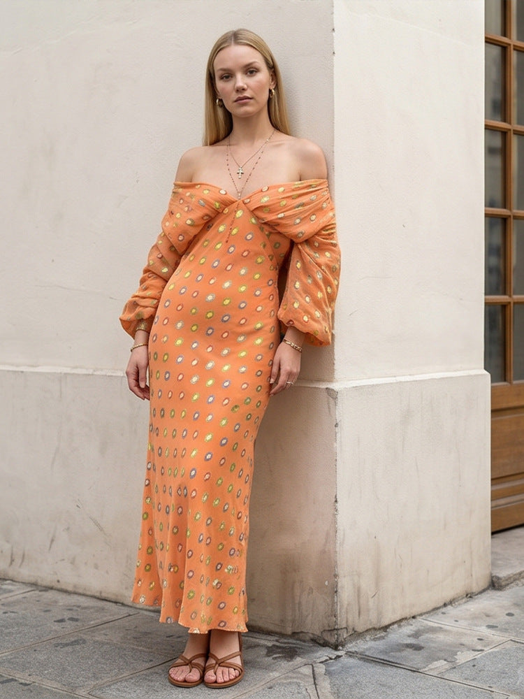 Women Elegant Off-Shoulder Maxi Dress with Twisted Front and Balloon Sleeves EVA-US