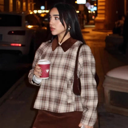 Women Boxy Check Transitional Blouse with Contrasting Shirt Collar EVA-US