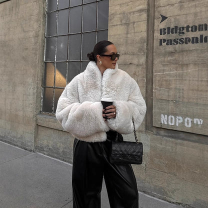 Women's Short Cozy Faux-Fur Bomber Jacket with Voluminous Shawl Collar and Boxy Silhouette EVA-US