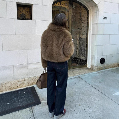 Women Short Boxy Faux Fur Blouson with Voluminous Shawl Collar and Lined Interior EVA-US