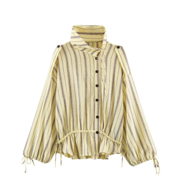 Women Striped Two-Piece Loungewear Set with Oversized Shirt Jacket and Drawstring Pants EVA-US