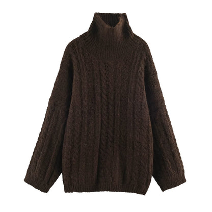 Women's Chunky Knit Oversized Sweater with High Turtleneck and Cable Pattern EVA-US
