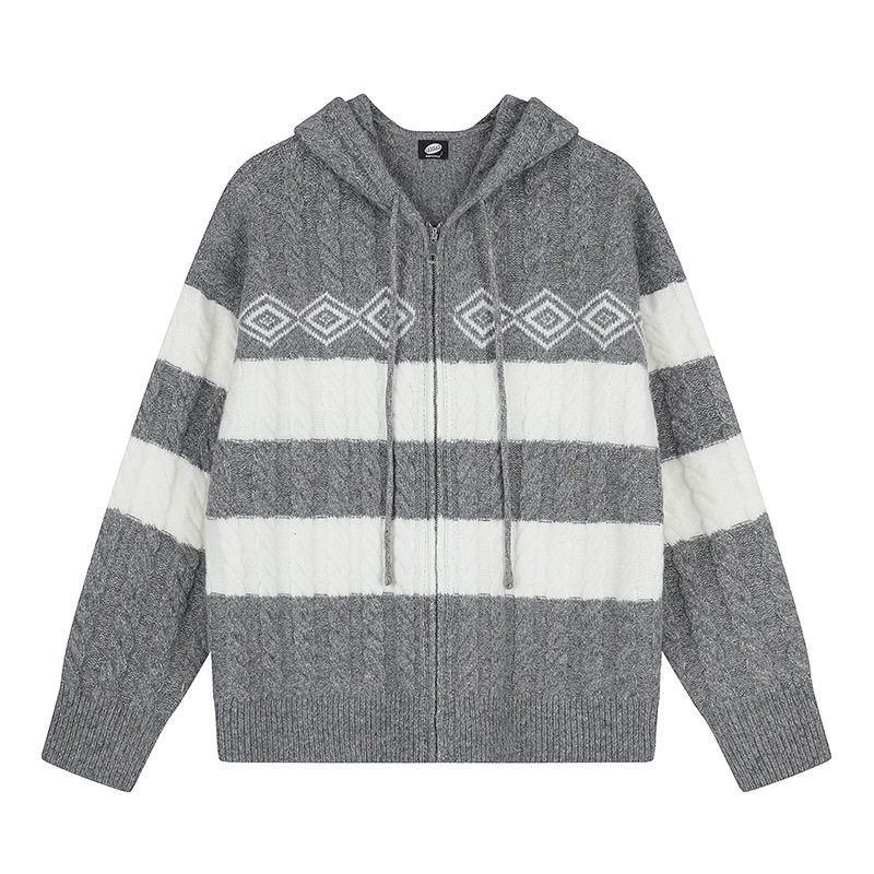 Women's chunky knit hooded cardigan with cable knit, block stripes, and full-length zipper EVA-US