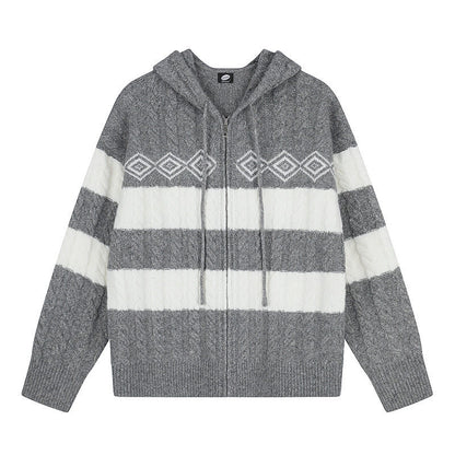 Women's chunky knit hooded cardigan with cable knit, block stripes, and full-length zipper EVA-US
