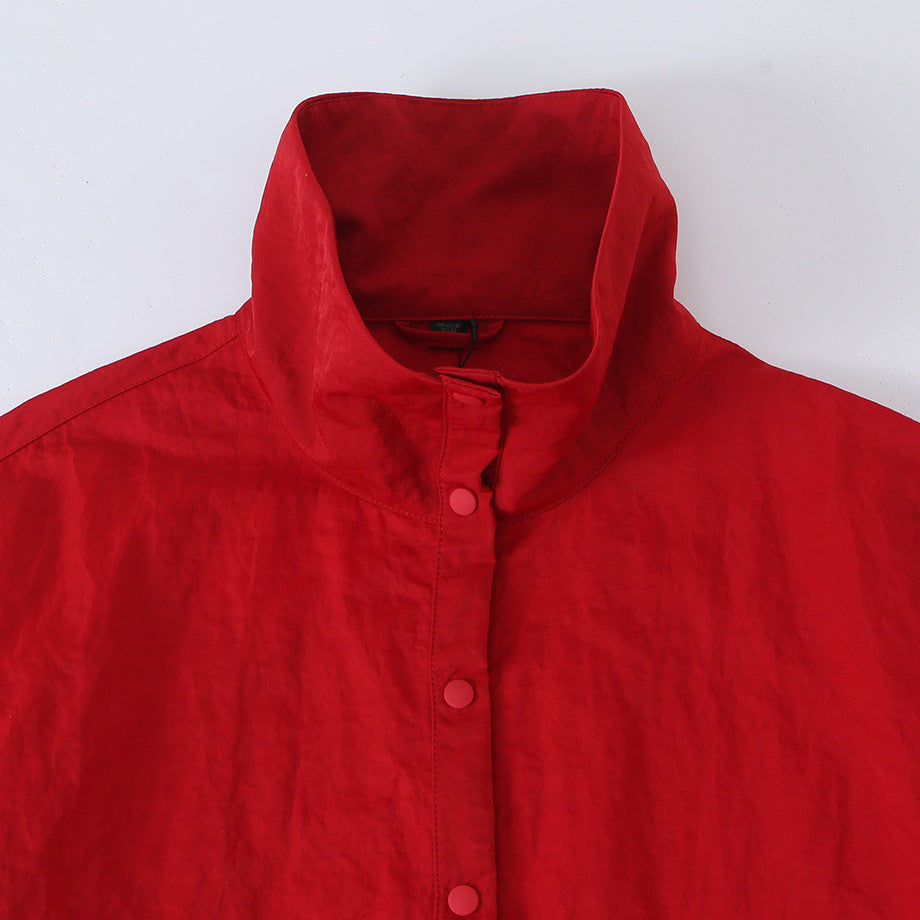 Women's Boxy Transitional Jacket with Stand Collar and Snap Placket EVA-US