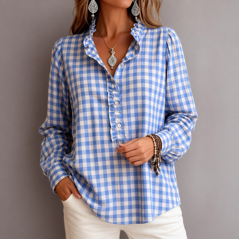 Women's Checkered Blouse Top with Ruffled Collar and Half Button Placket EVA-US