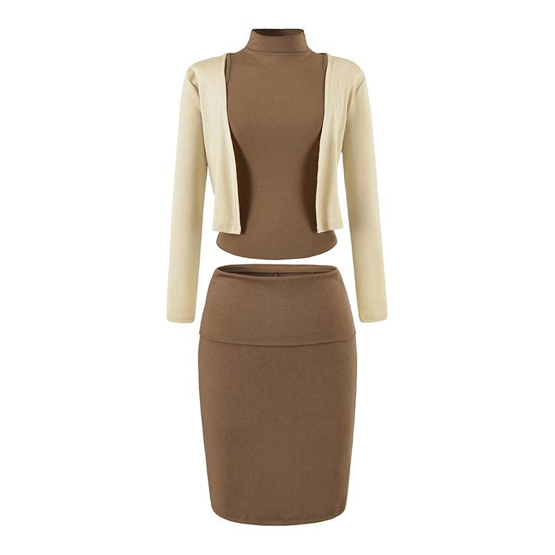 Ladies two-piece business knit set with turtleneck top, bolero, and pencil skirt EVA-US