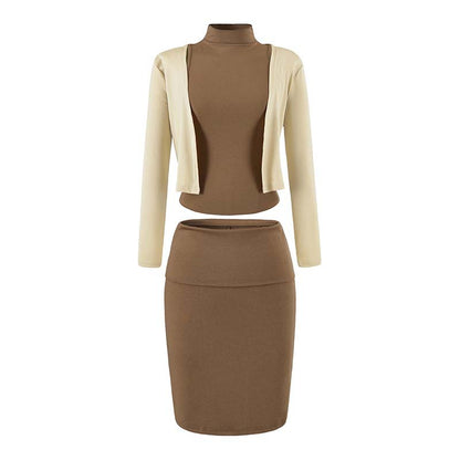 Ladies two-piece business knit set with turtleneck top, bolero, and pencil skirt EVA-US