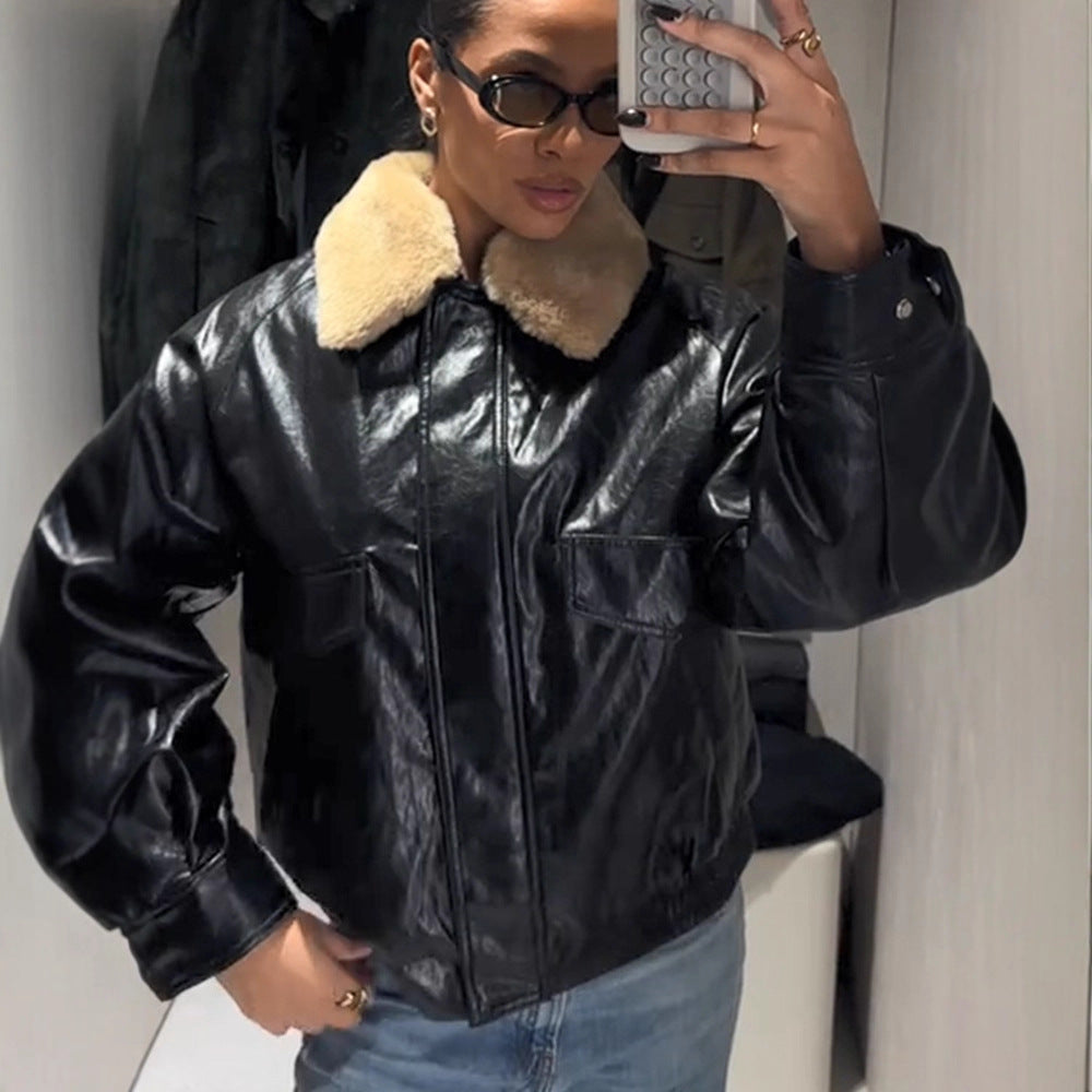 Women's Shiny Oversized Faux Leather Bomber Jacket with Voluminous Faux Fur Collar EVA-US