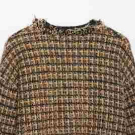 Women's Boucle-Tweed Cropped Jacket with Fringe Trim and Round Neck