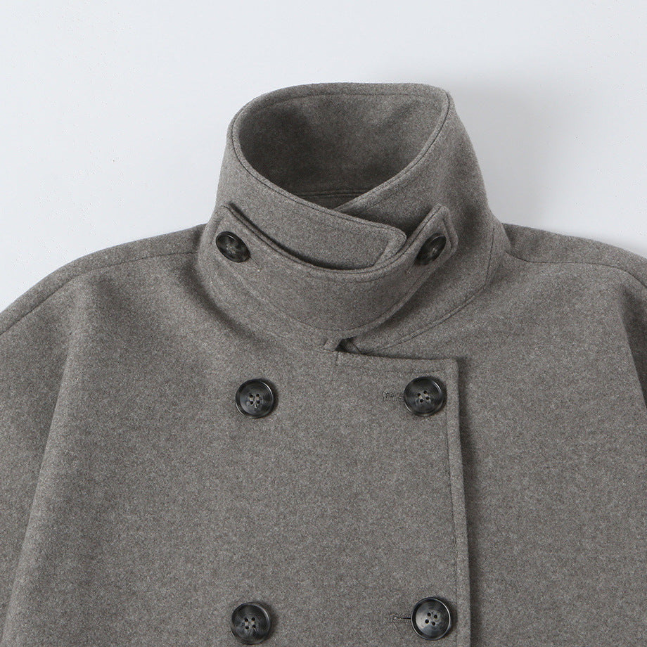 Women's Wool Look Cape with Double-Breasted Button Placket, High Stand Collar and Boxy Silhouette EVA-US