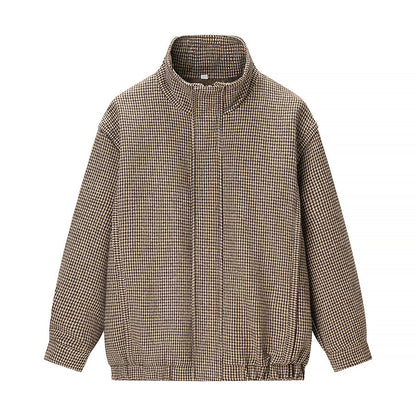 Women's transitional jacket in houndstooth pattern with stand-up collar and elastic hem