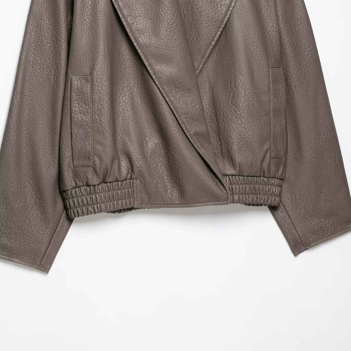 Women's Short Tailored Leather-Look Jacket with Oversized Shawl Collar and Gathered Hem EVA-US