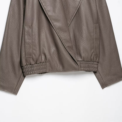 Women's Short Tailored Leather-Look Jacket with Oversized Shawl Collar and Gathered Hem EVA-US