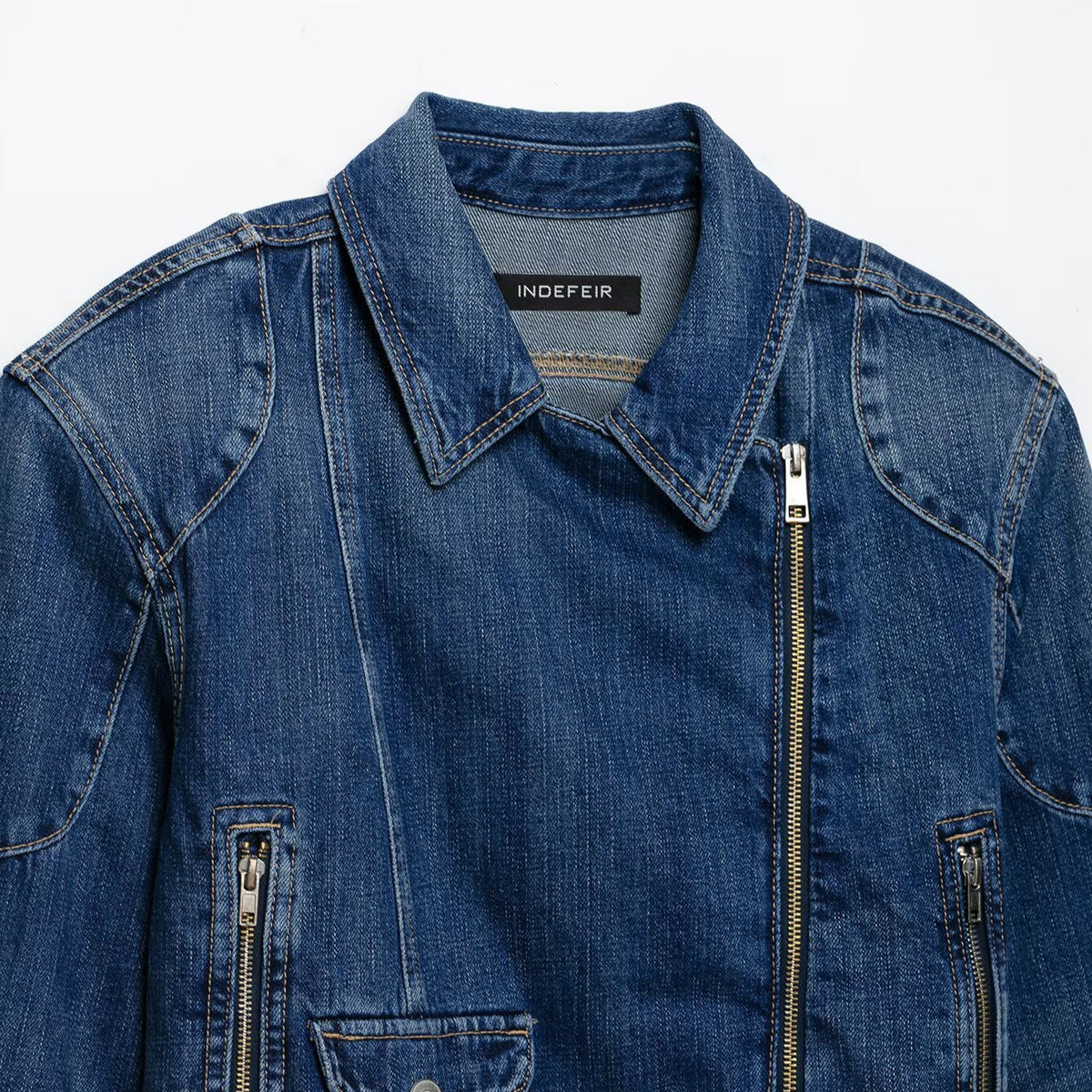Women's Short Denim Biker Jacket with Belt and Asymmetrical Zipper EVA-US