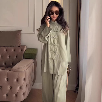 Women Two-Piece Oversized Lounge Set with Stand Collar and Decorative Knot Closures EVA-US