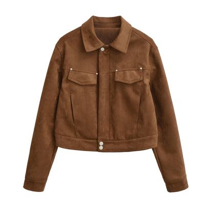 Women Short Velvet-Look Jacket with Snap Button Placket and Patch Breast Pockets EVA-US
