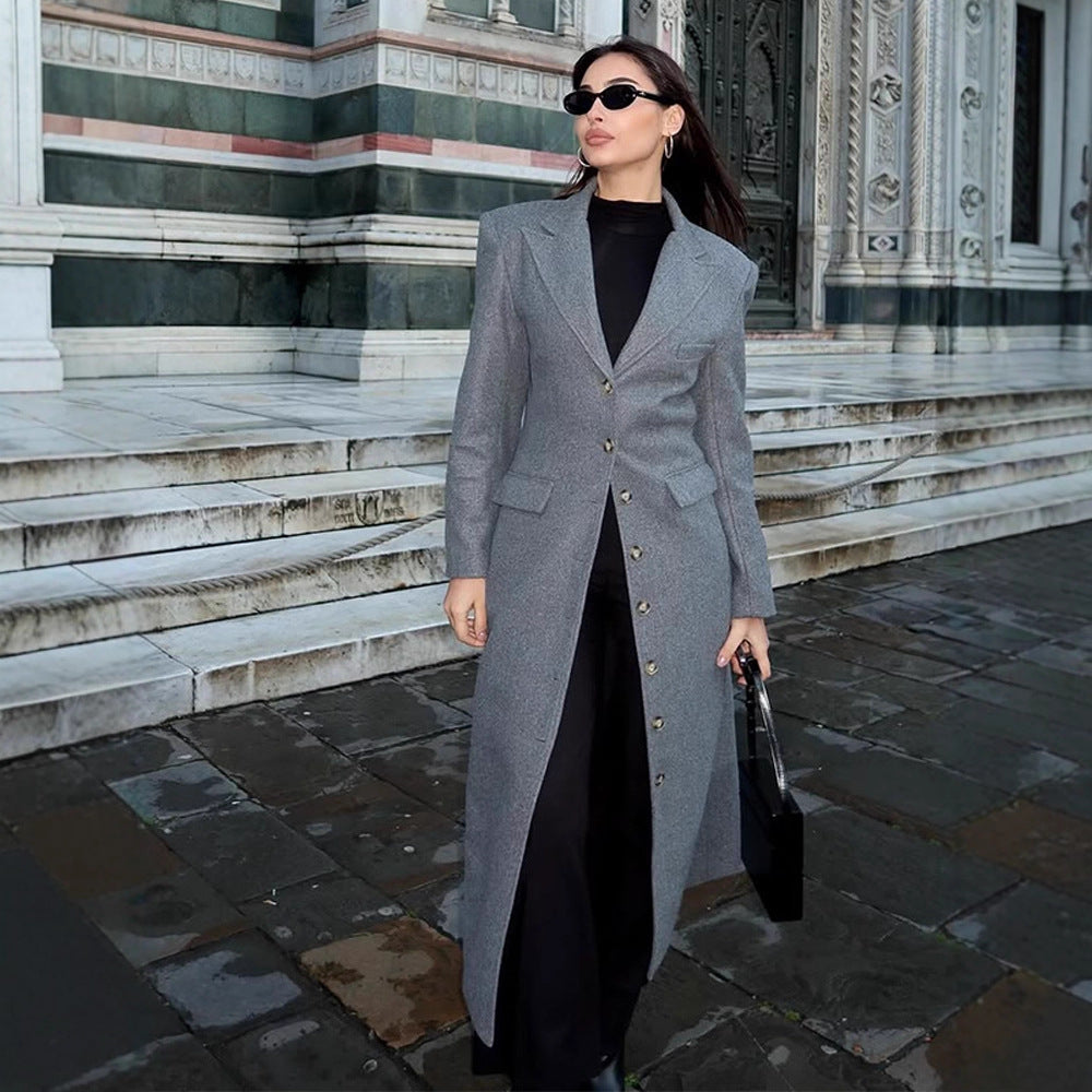 Women's Maxi Length Wool Blend Coat in Tailored Cut with Continuous Button Placket EVA-US