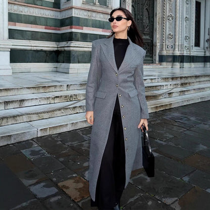 Women's Maxi Length Wool Blend Coat in Tailored Cut with Continuous Button Placket EVA-US