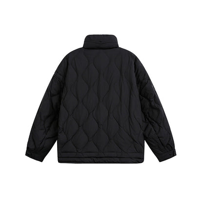 Women's oversized quilted jacket with stand-up collar, wave quilting, and drawstring hood