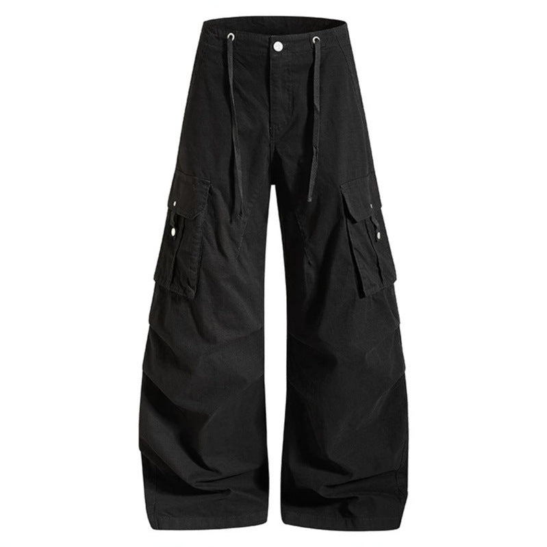 Women's wide high-waist cargo pants with drawstring waistband and large flap pockets EVA-US