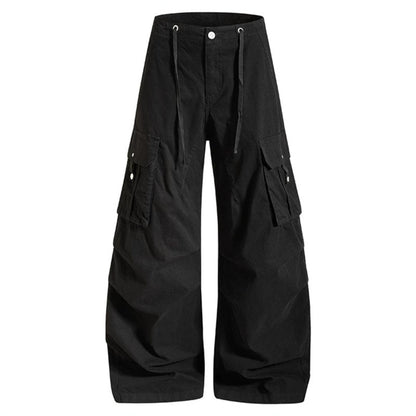 Women's wide high-waist cargo pants with drawstring waistband and large flap pockets EVA-US