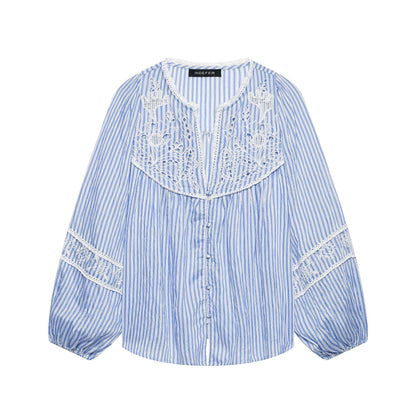 Ladies Striped Blouse with Crochet Lace, Balloon Sleeves and Button Placket EVA-US