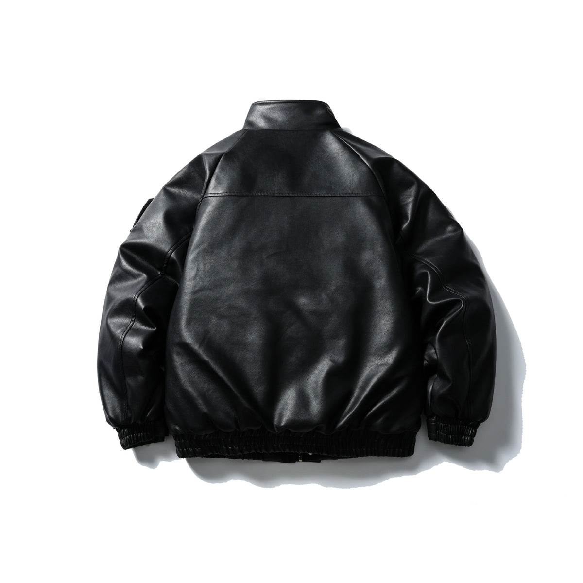 Men's Padded Faux Leather Bomber Jacket with High Stand-up Collar and Flap Pockets EVA-US