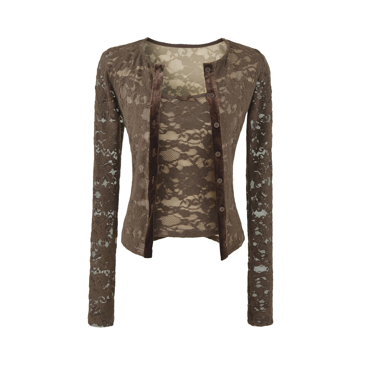 Ladies Fine Lace Cardigan with Matching Under Top and Velvet Trim EVA-US