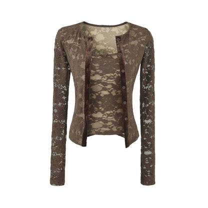 Ladies Fine Lace Cardigan with Matching Under Top and Velvet Trim EVA-US