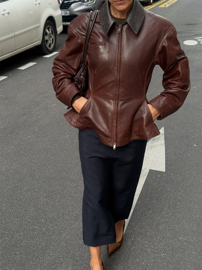 Women’s leather jacket with tailored peplum, zipper & large shirt collar EVA-US