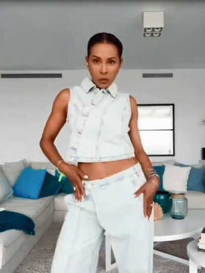 Women's Cropped Sleeveless Denim Set with Tailored Vest & Wide High-Waist Pants EVA-US