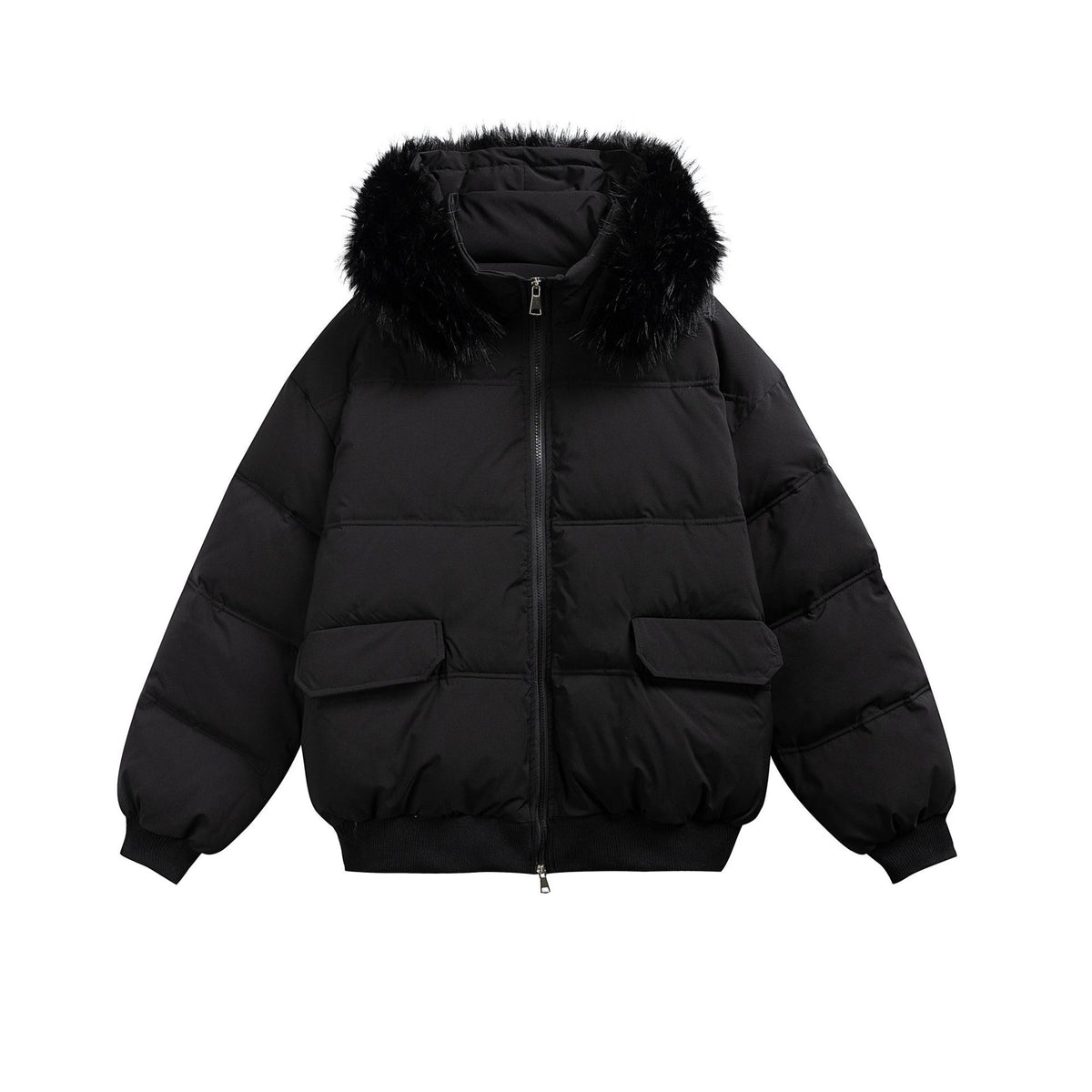 Women's Boxy Puffer Jacket with Hood and Voluminous Faux Fur Collar EVA-US